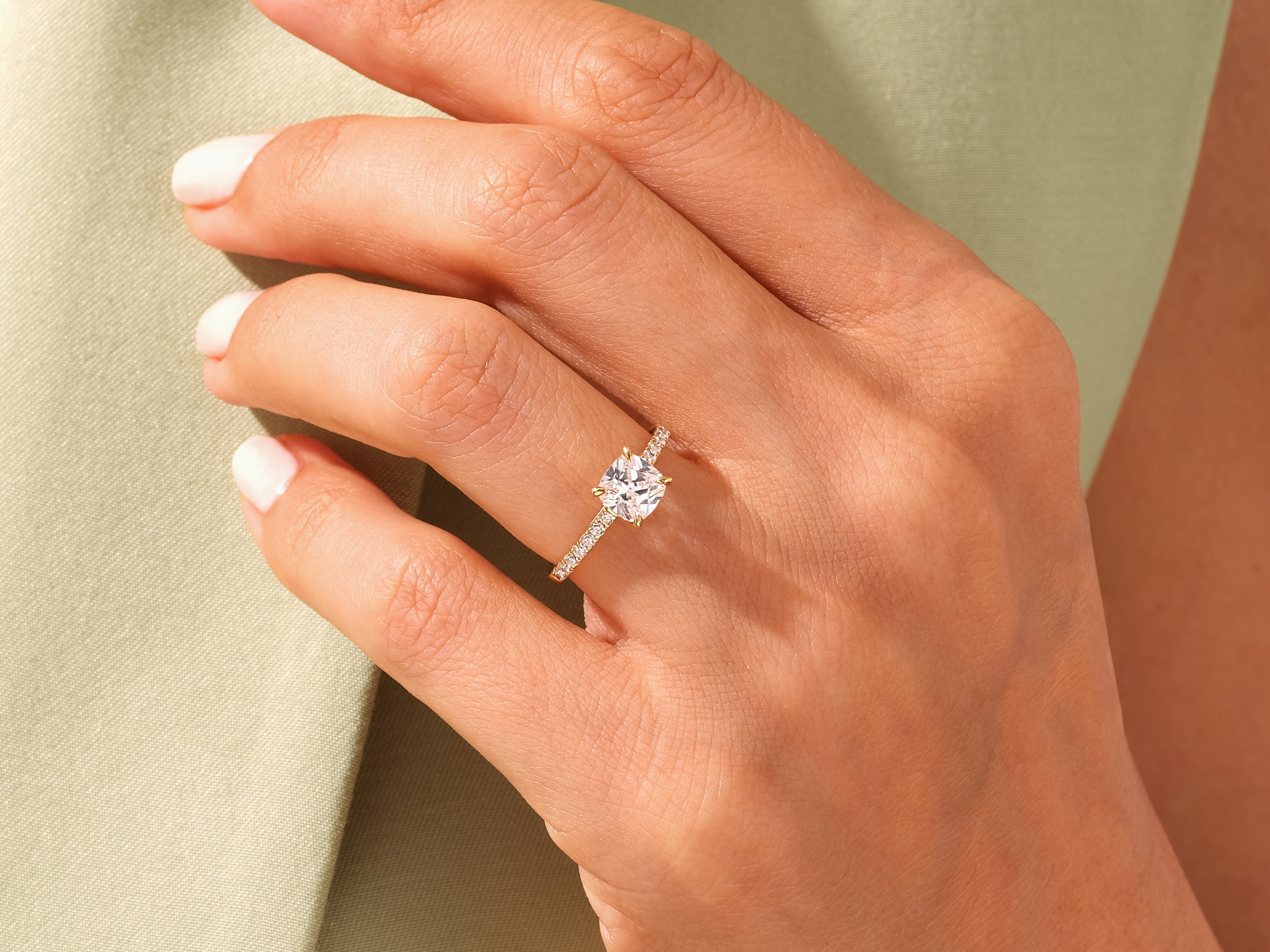 Cushion Cut Engagement Ring with Pave Set Side Stones