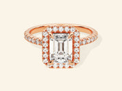 Emerald Halo Engagement Ring with Pave Set Side Stones