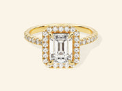 Emerald Halo Engagement Ring with Pave Set Side Stones