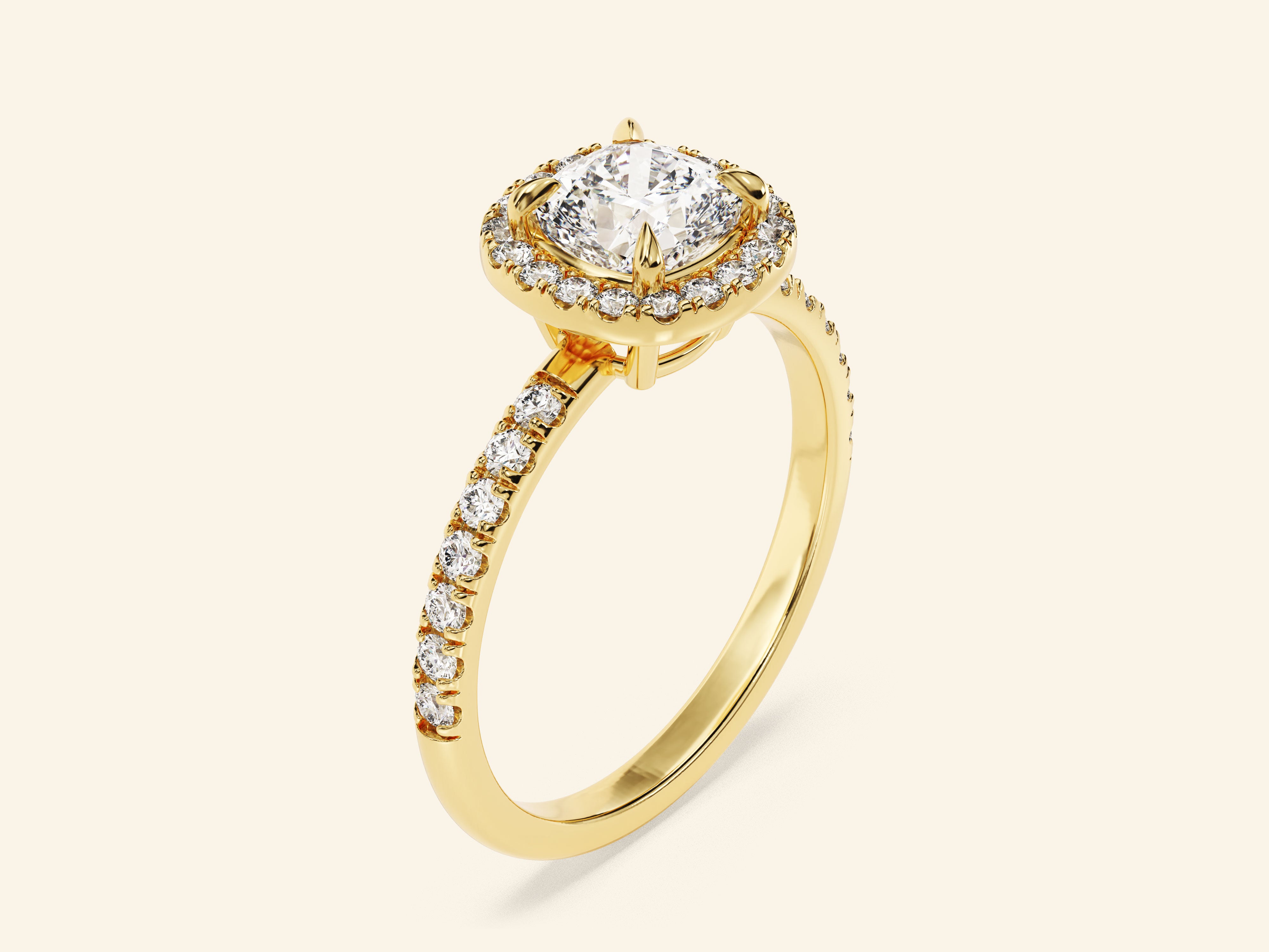 Cushion Halo Engagement Ring with Pave Set Side Stones