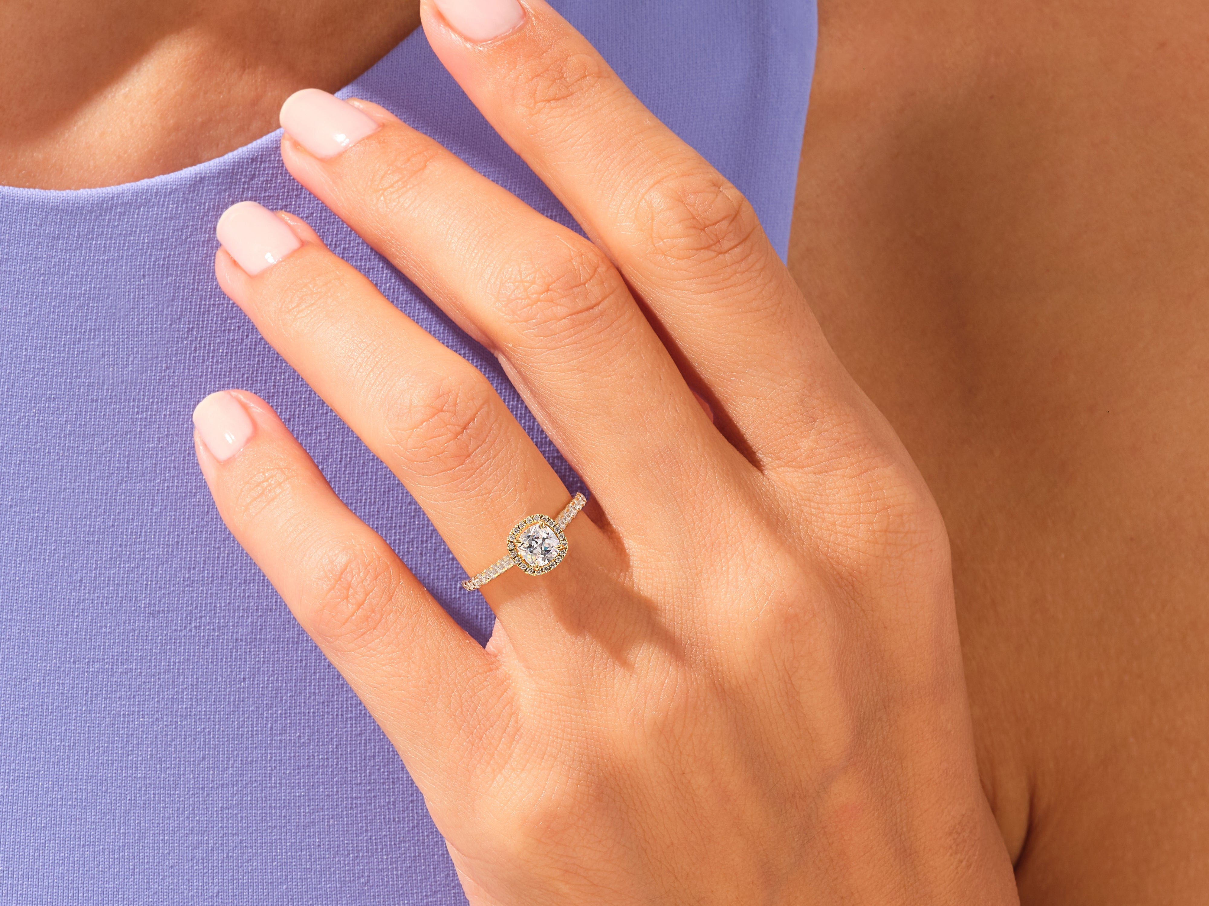 Cushion Halo Engagement Ring with Pave Set Side Stones