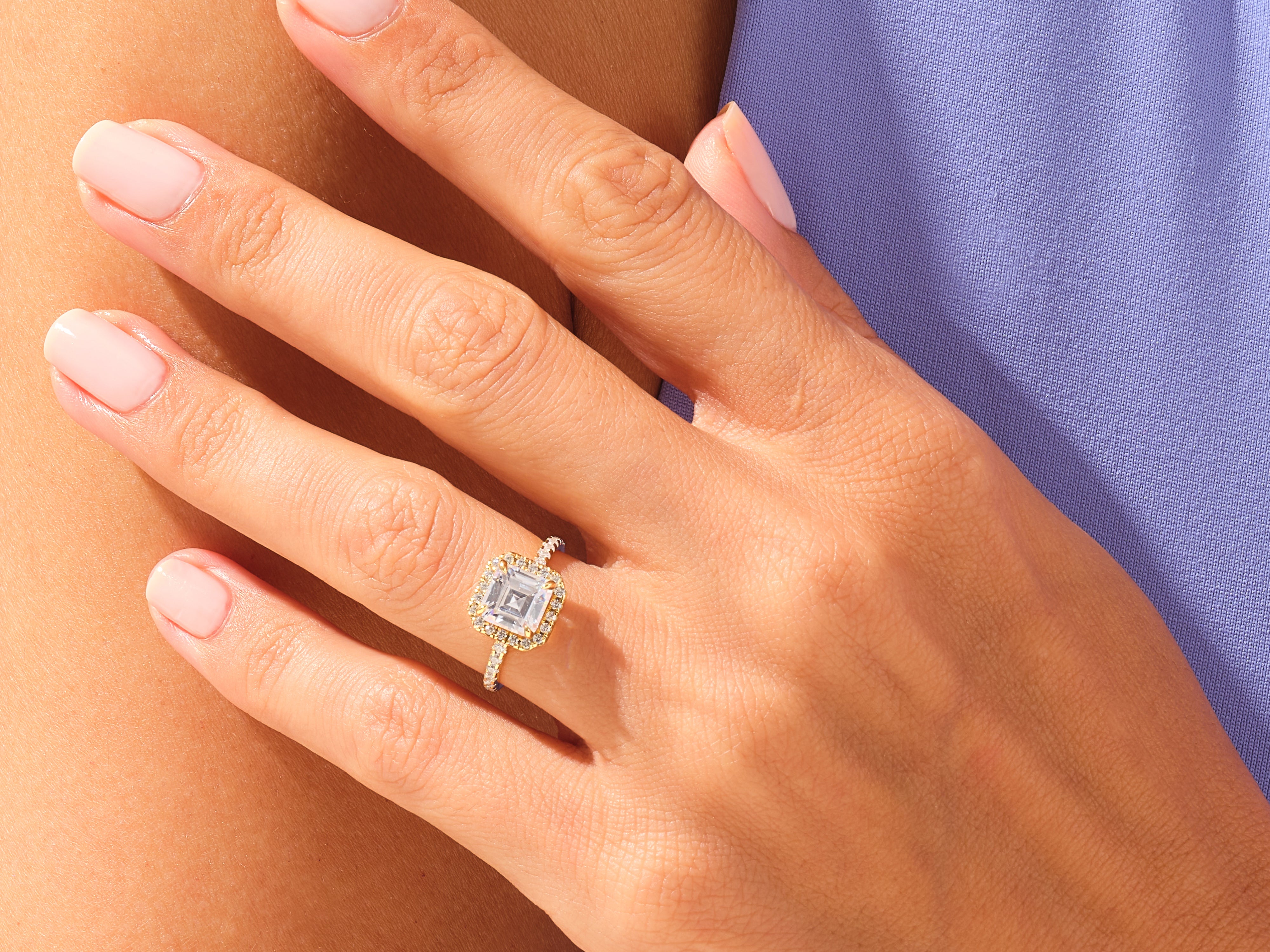 Asscher Halo Engagement Ring with Pave Set Side Stones