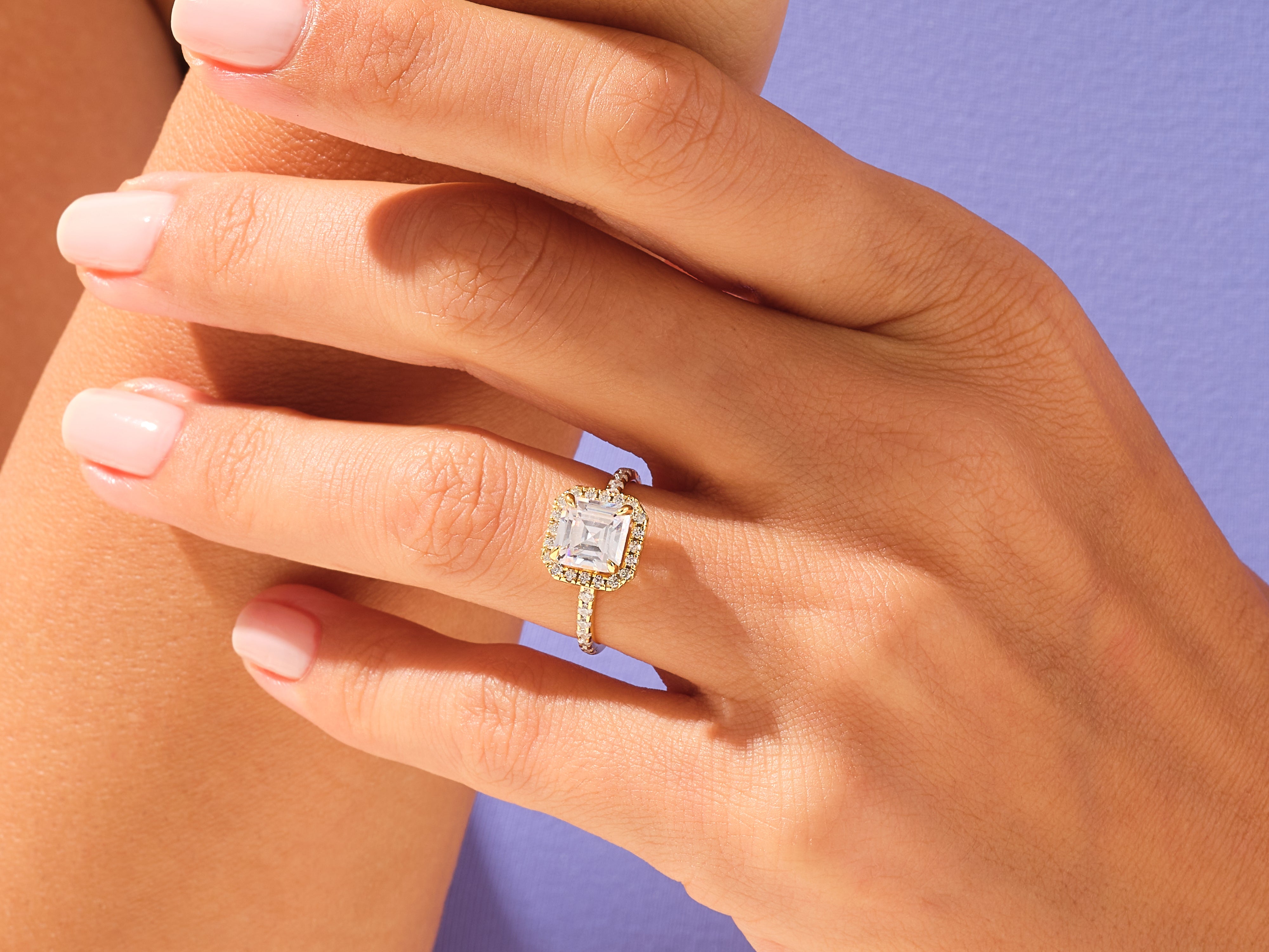 Asscher Halo Engagement Ring with Pave Set Side Stones