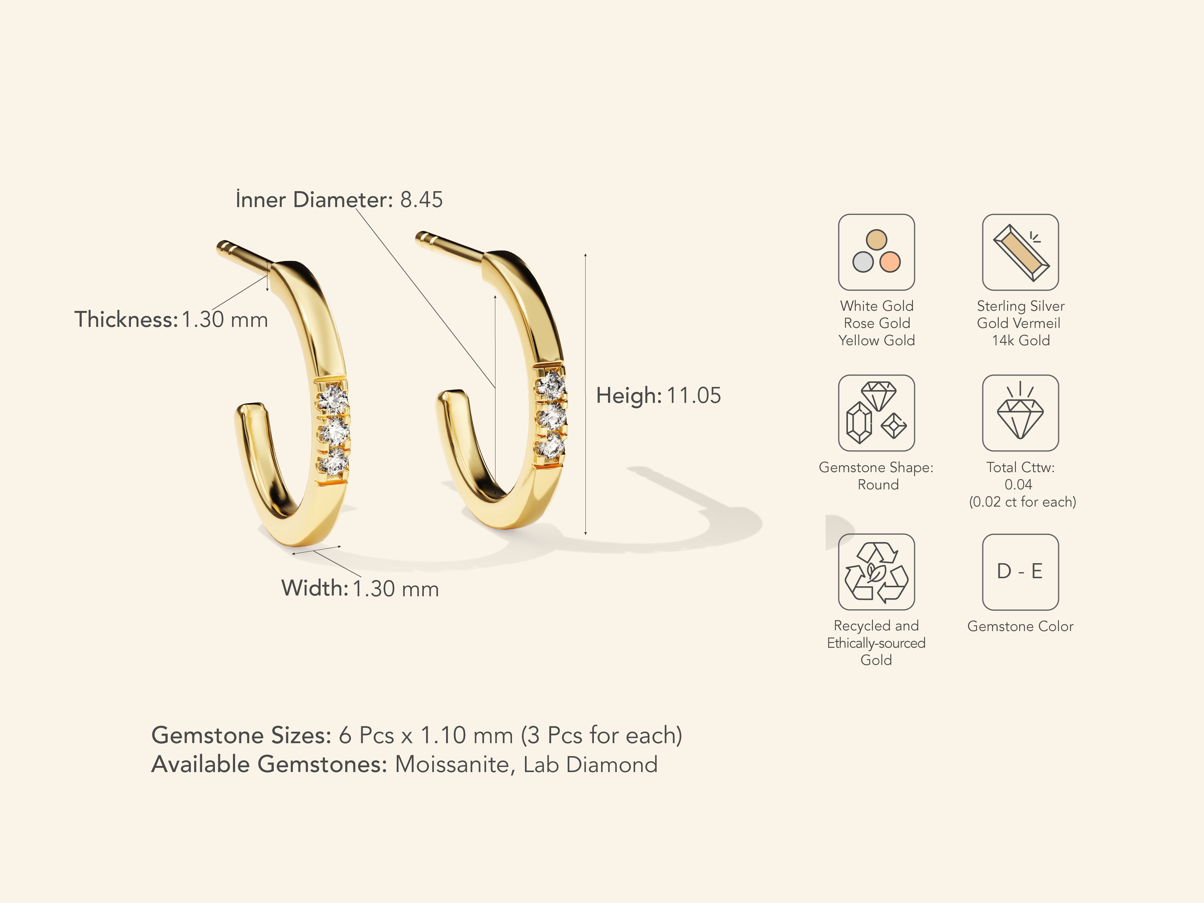 Three Stone Huggie Earrings