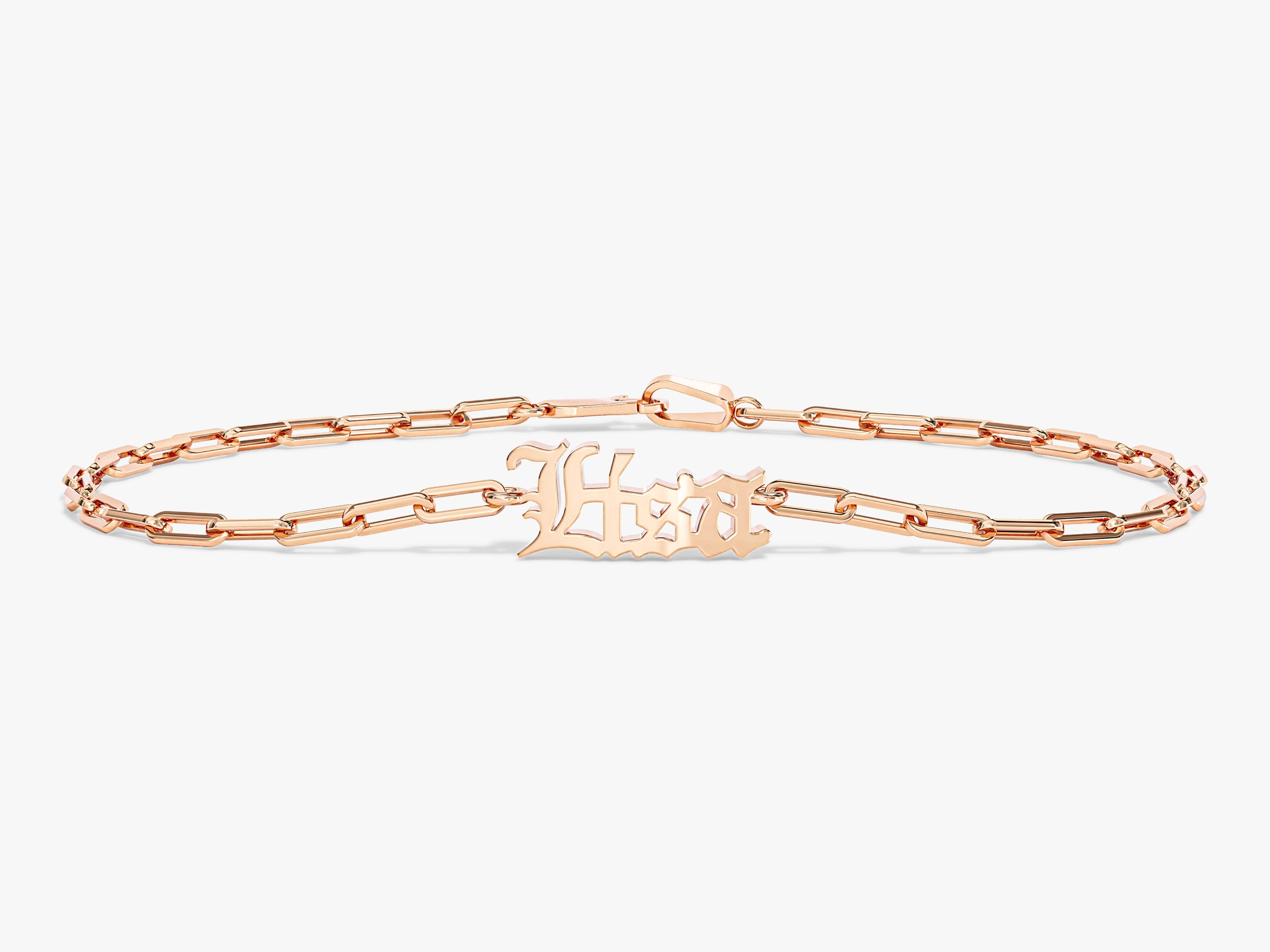 Rose gold paperclip chain bracelet with gothic initial charm