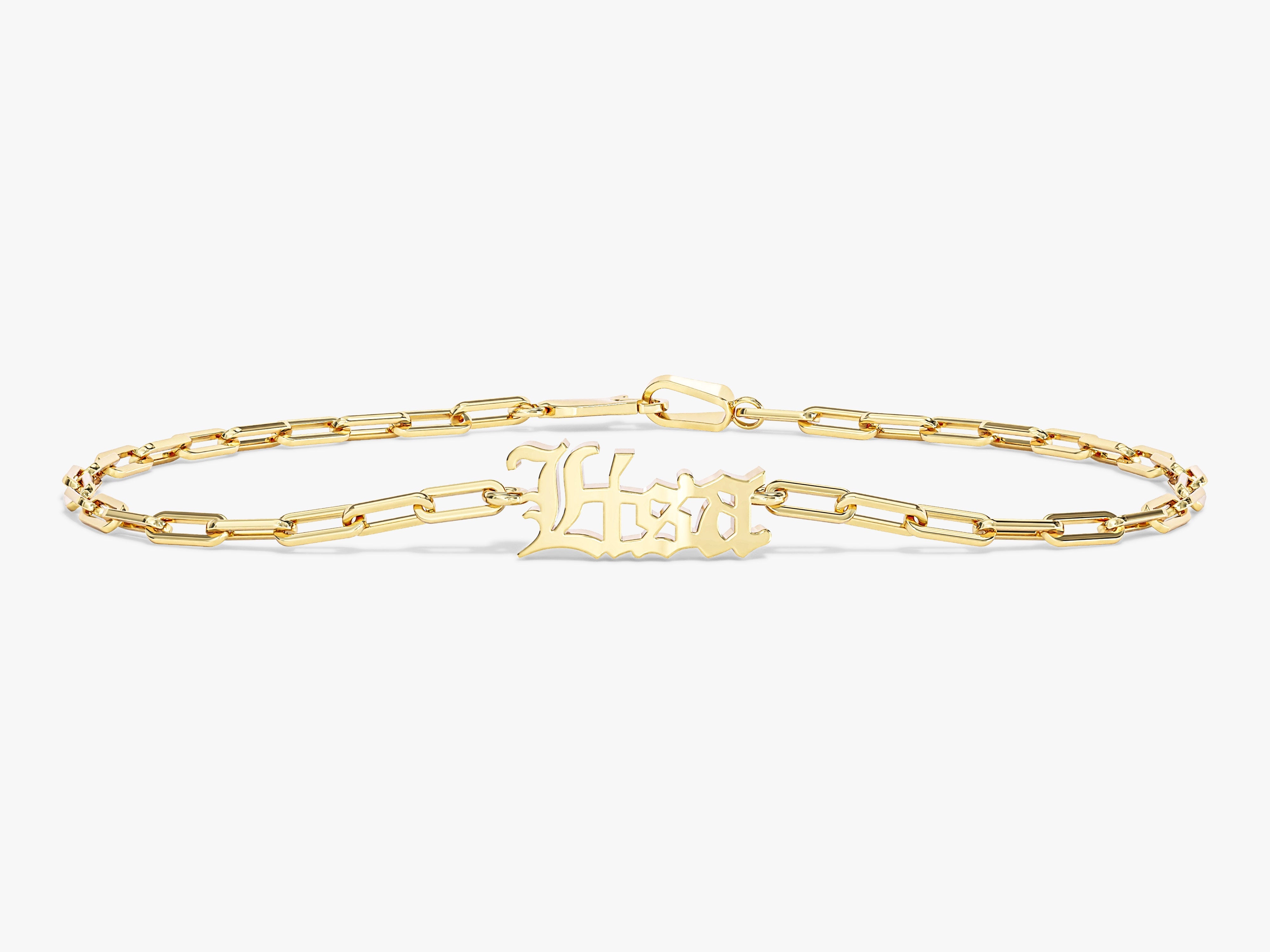 Gold paperclip chain bracelet with gothic initial charm jewelry