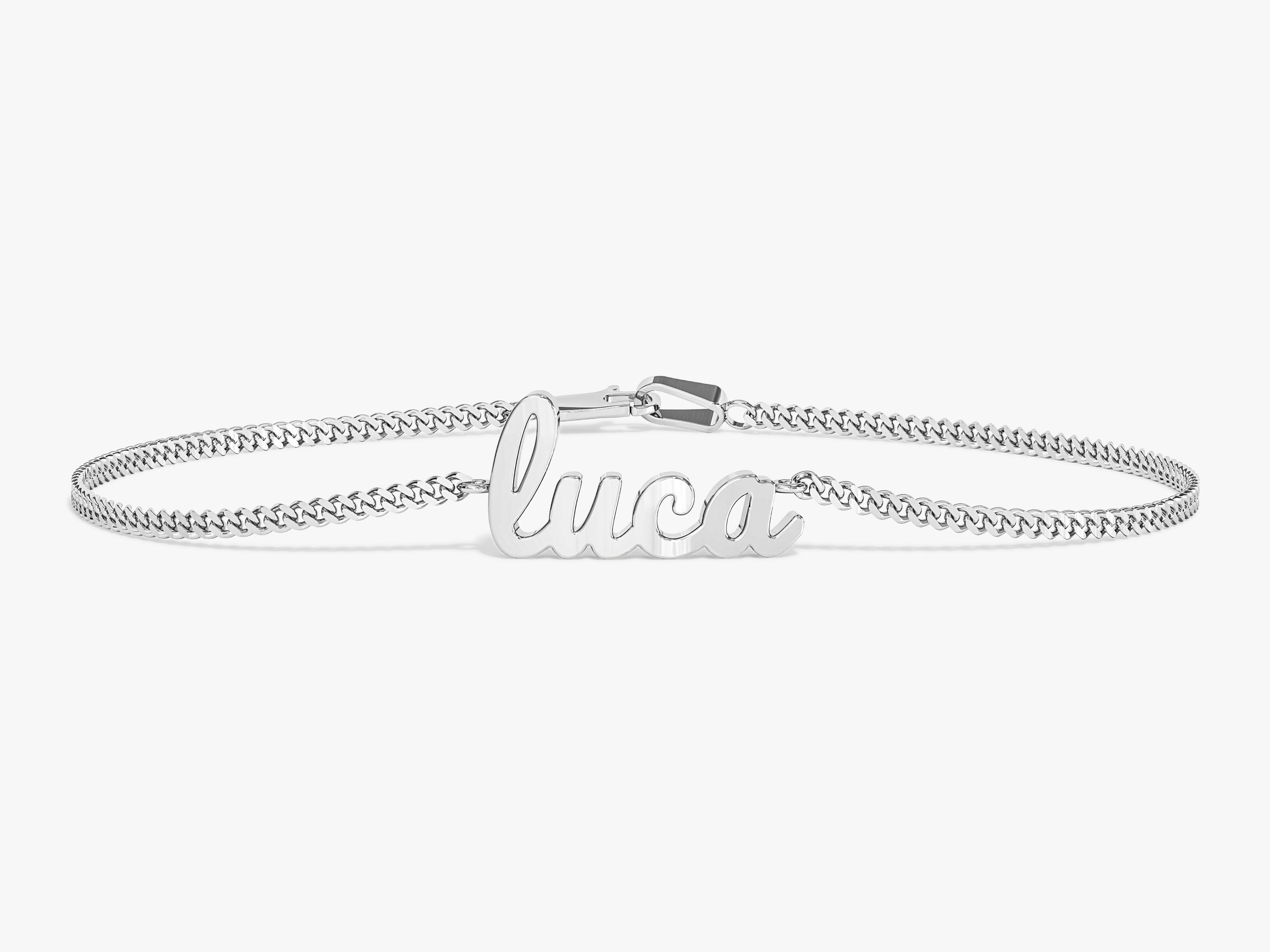 Silver name bracelet with "Luca" in cursive font