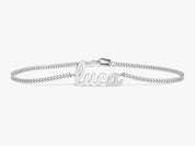 Silver name bracelet with "Luca" in cursive font