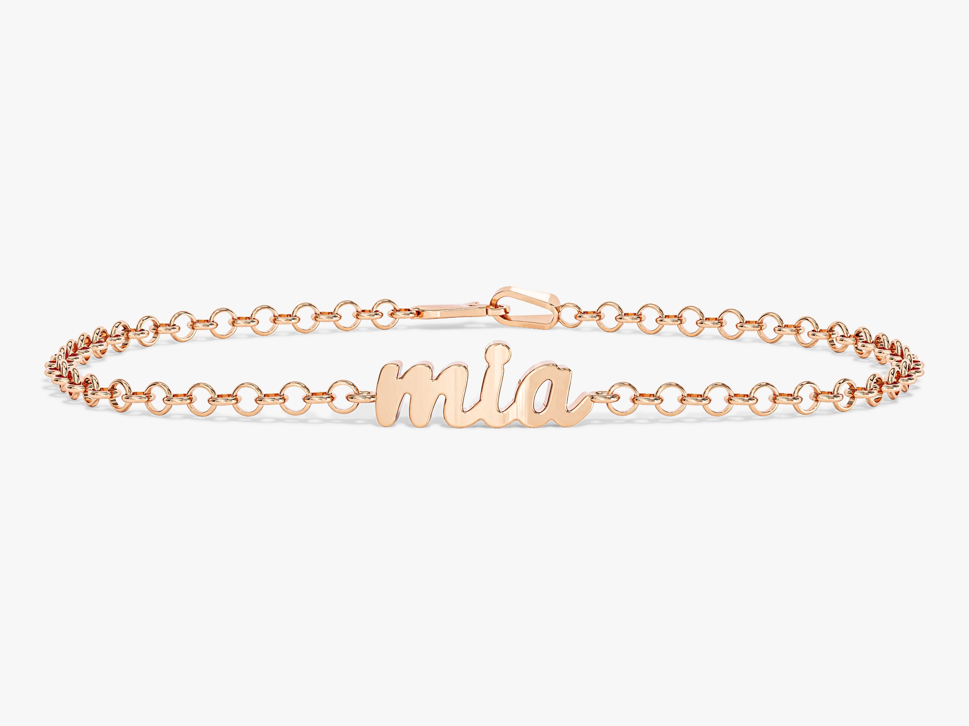 Rose gold "mia" nameplate bracelet for jewelry company