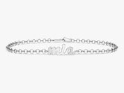 Silver name bracelet with "mia" script for jewelry company