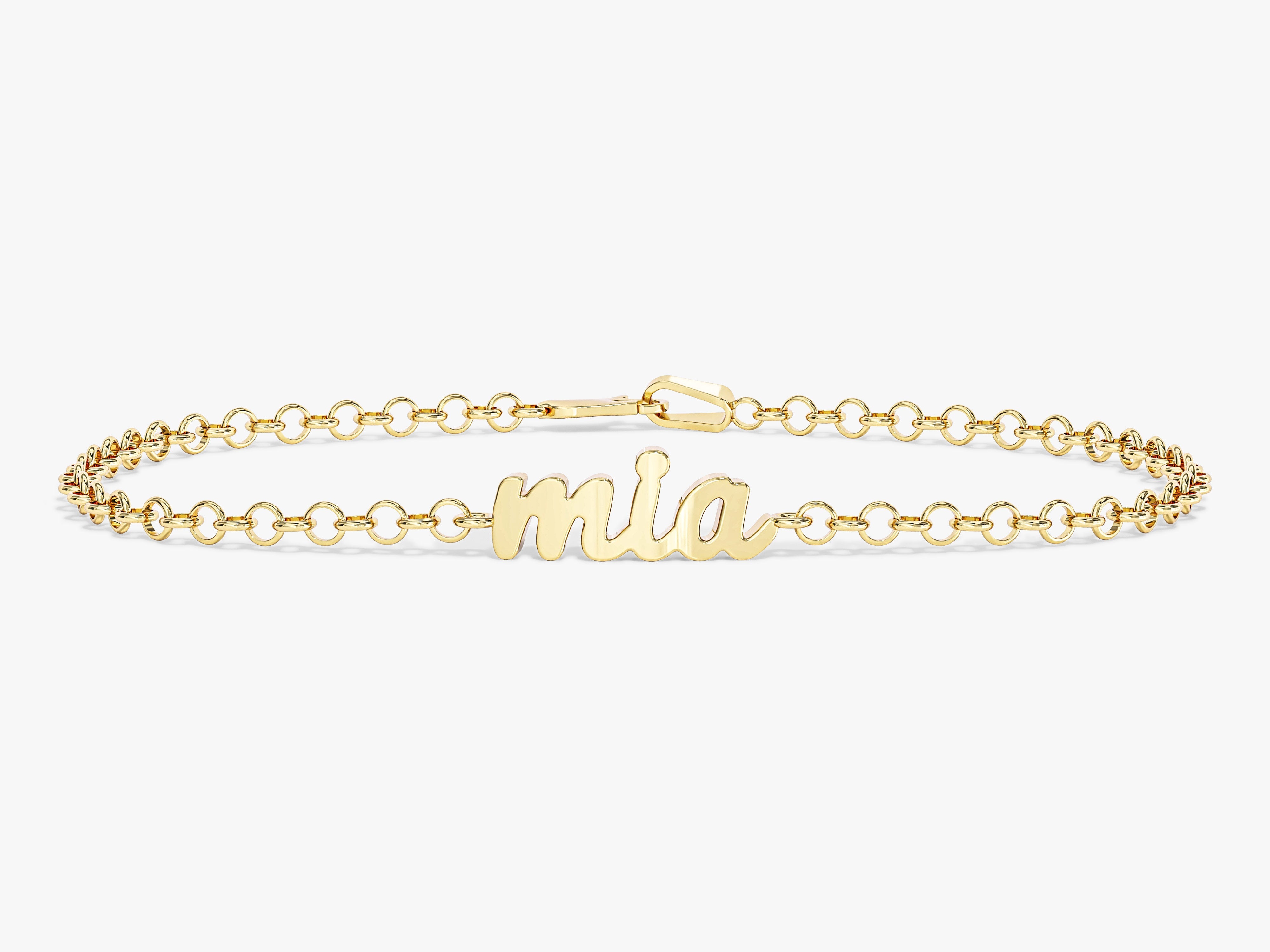 Gold name bracelet with 'mia' script, jewelry for women