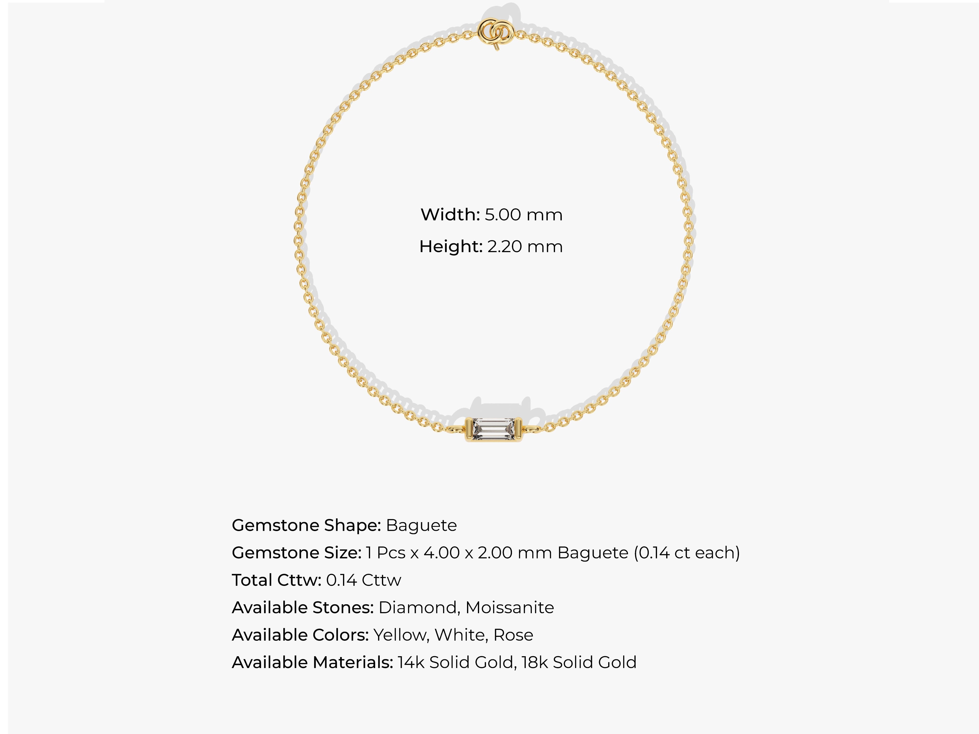 Gold chain bracelet with baguette diamond gemstone