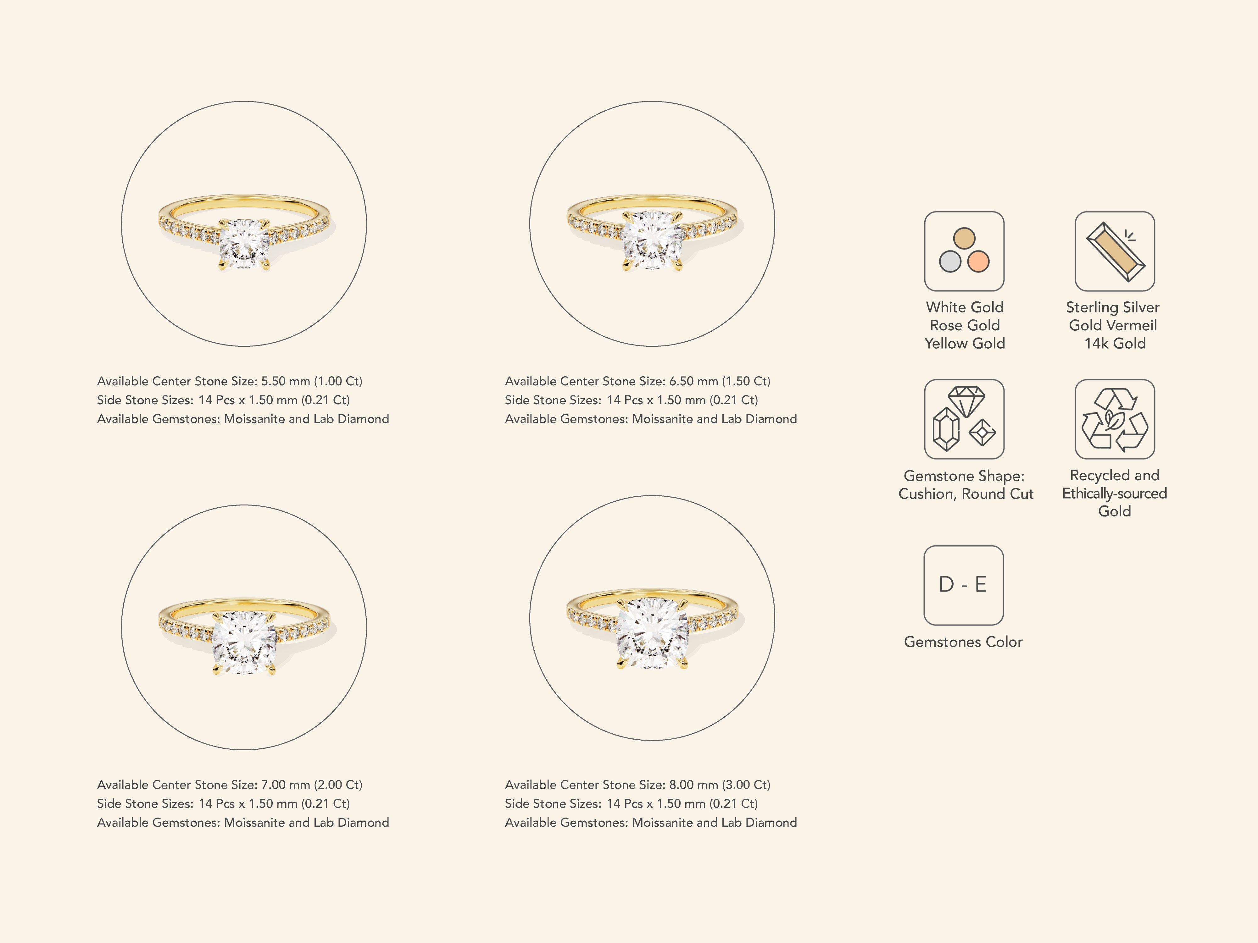 Cushion Cut Engagement Ring with Pave Set Side Stones