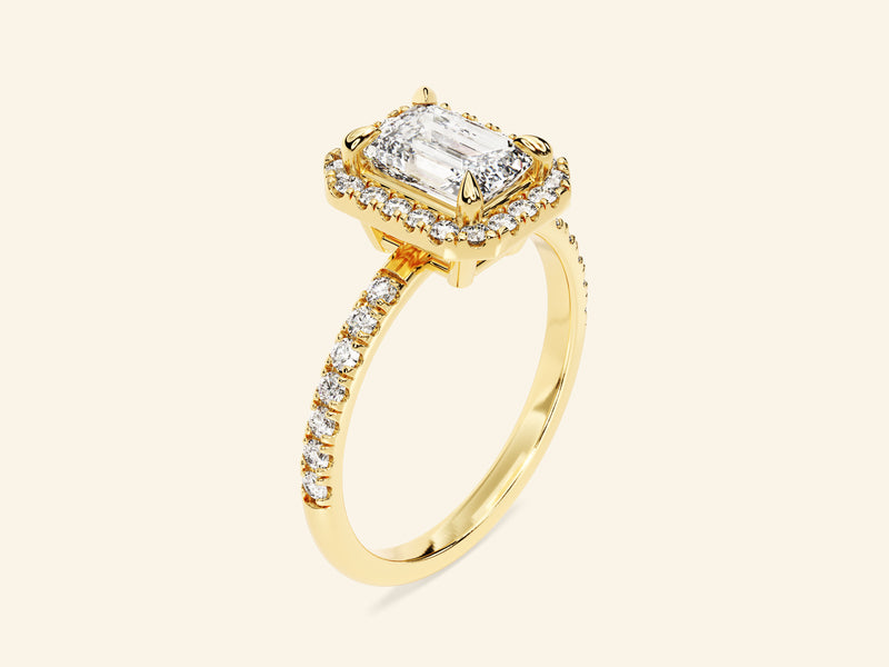Emerald Halo Engagement Ring with Pave Set Side Stones