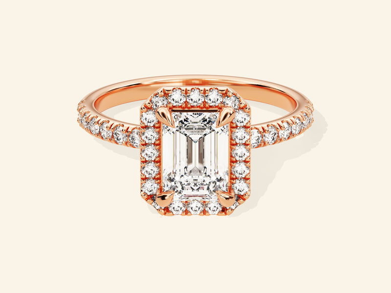 Emerald Halo Engagement Ring with Pave Set Side Stones