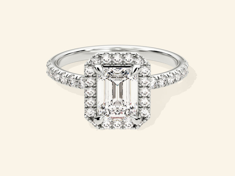 Emerald Halo Engagement Ring with Pave Set Side Stones