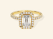 Emerald Halo Engagement Ring with Pave Set Side Stones
