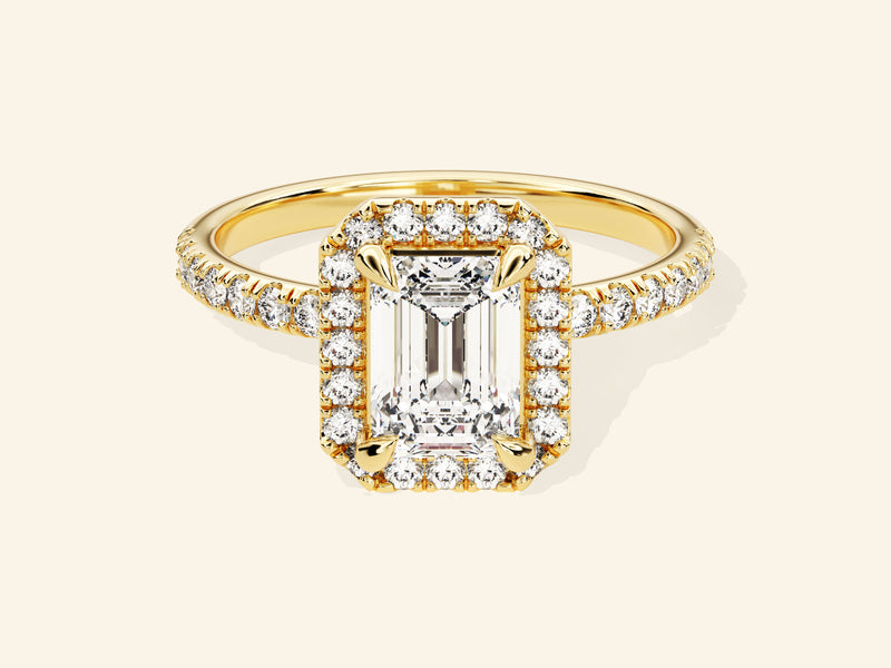 Emerald Halo Engagement Ring with Pave Set Side Stones