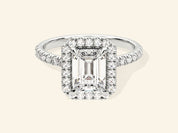 Emerald Halo Engagement Ring with Pave Set Side Stones