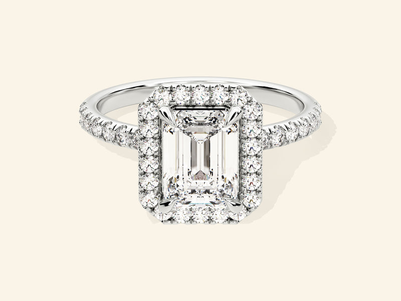 Emerald Halo Engagement Ring with Pave Set Side Stones
