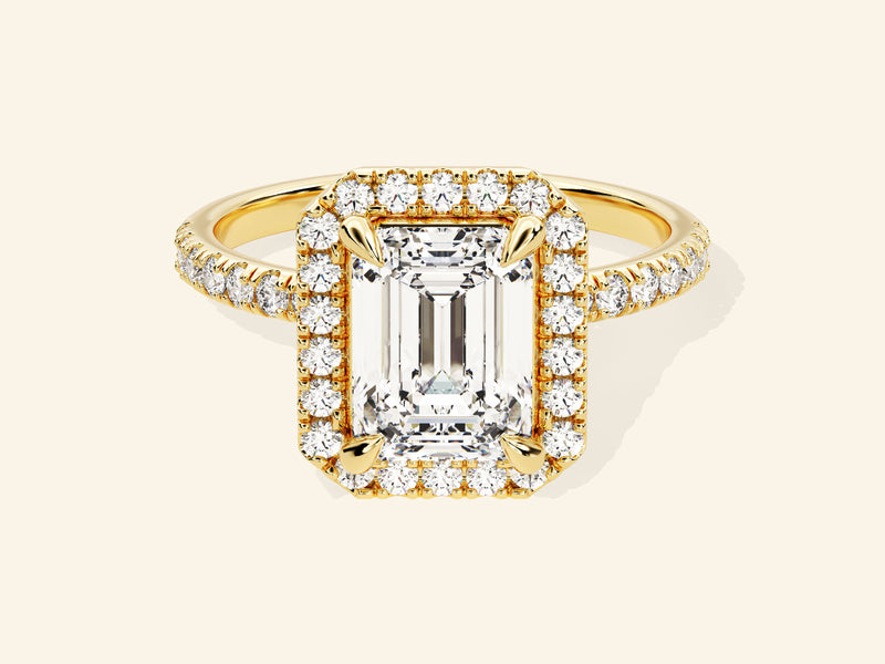 Emerald Halo Engagement Ring with Pave Set Side Stones
