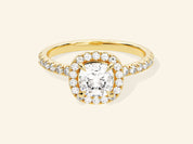 Cushion Halo Engagement Ring with Pave Set Side Stones