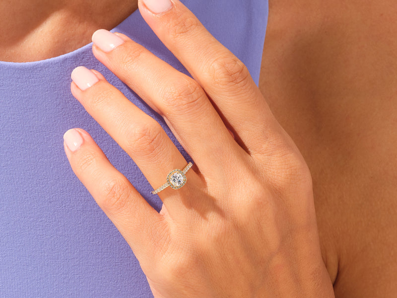 Cushion Halo Engagement Ring with Pave Set Side Stones