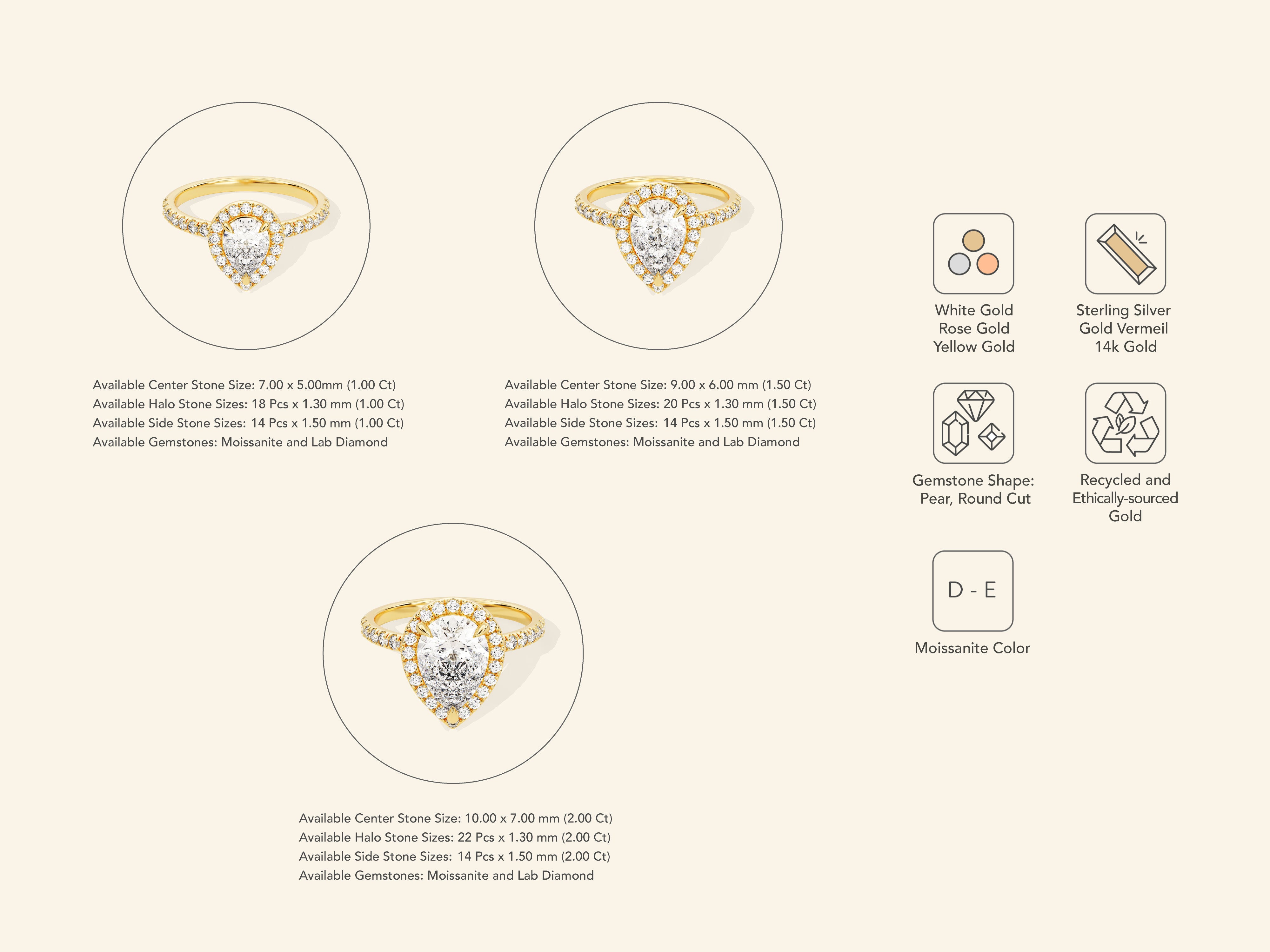 Pear Halo Engagement Ring with Pave Set Side Stones