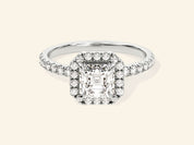 Asscher Halo Engagement Ring with Pave Set Side Stones