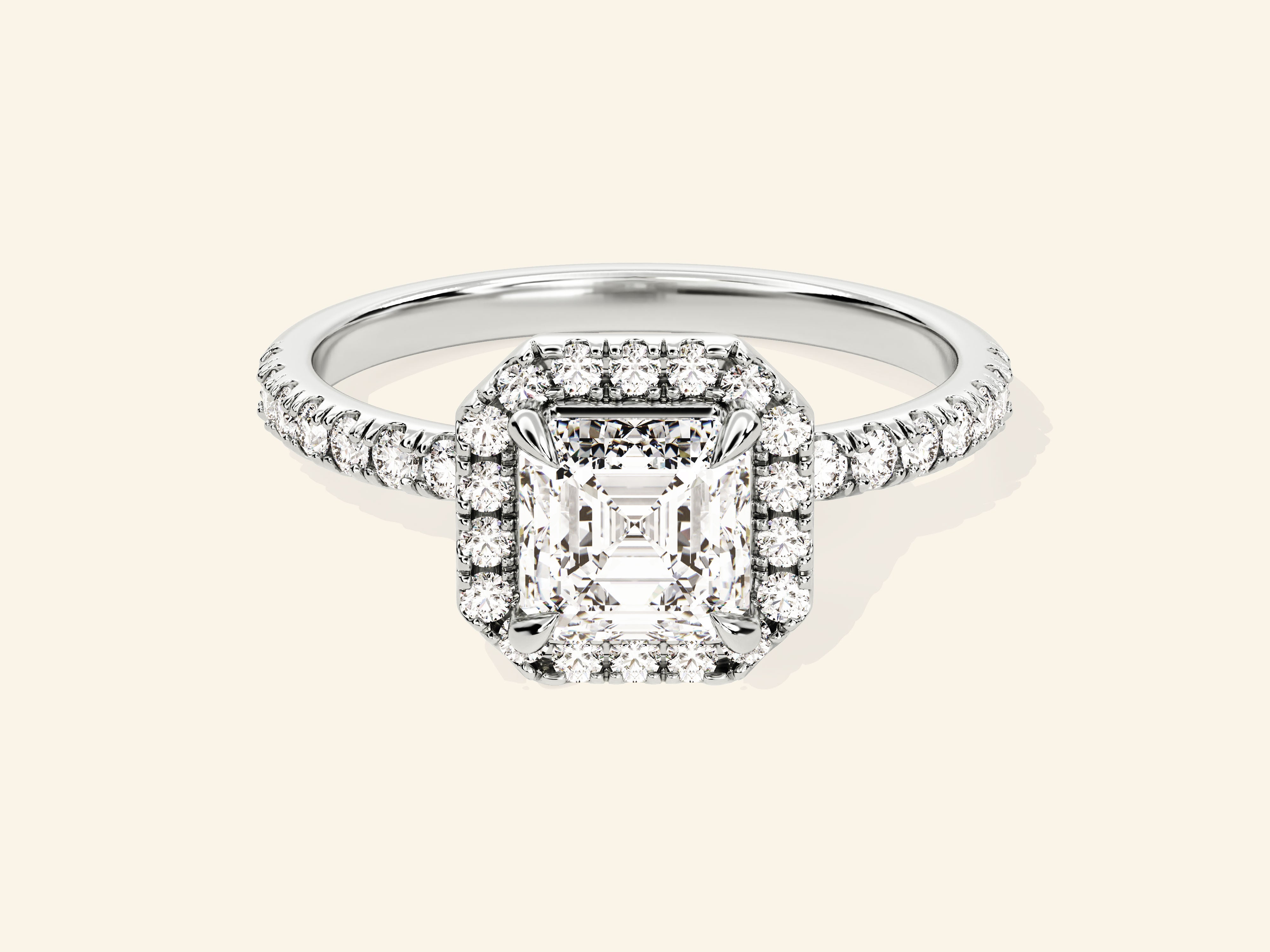 Asscher Halo Engagement Ring with Pave Set Side Stones