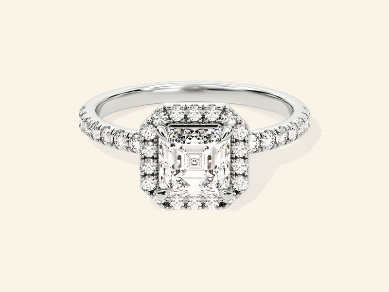 Asscher Halo Engagement Ring with Pave Set Side Stones