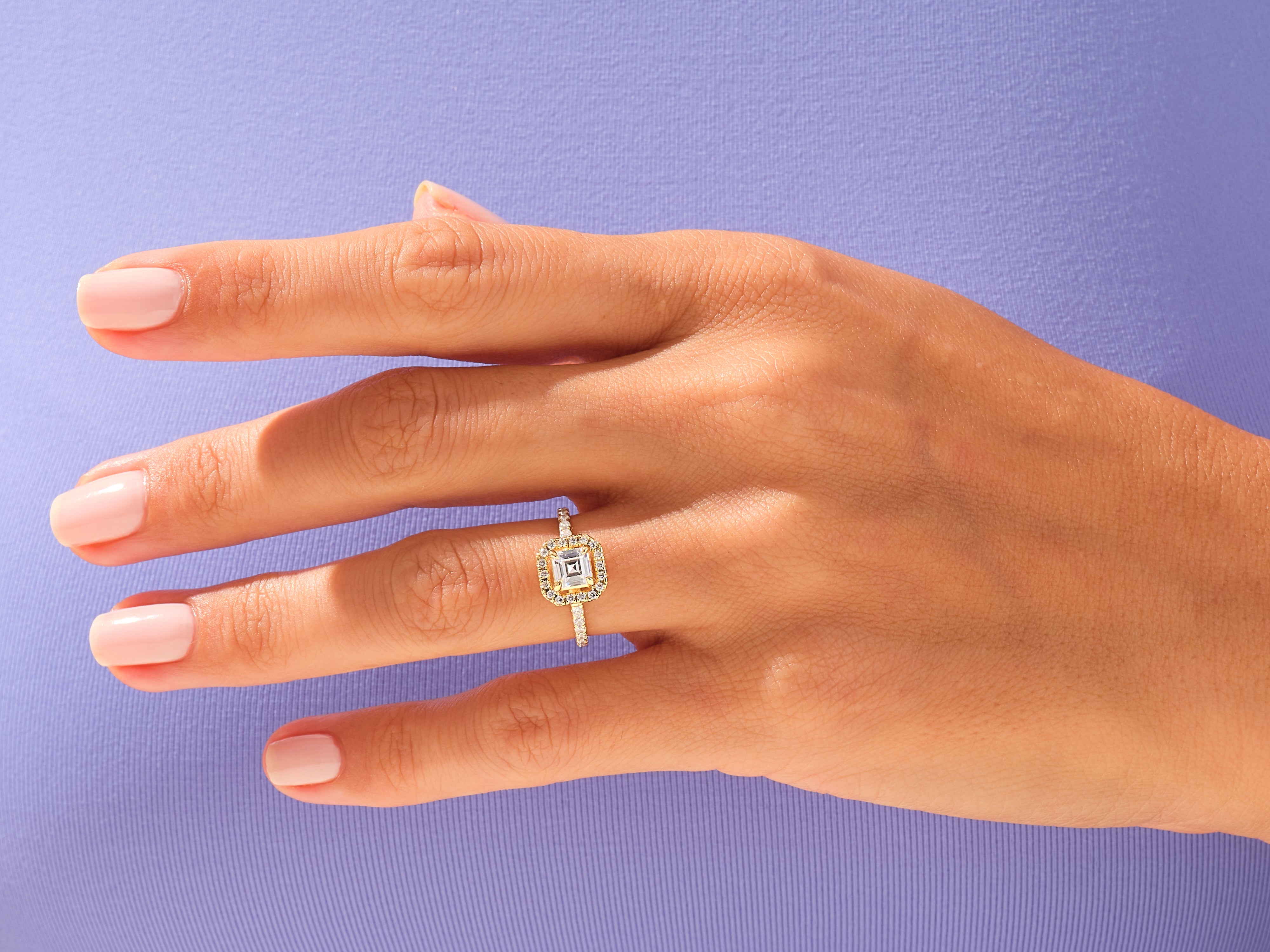 Asscher Halo Engagement Ring with Pave Set Side Stones