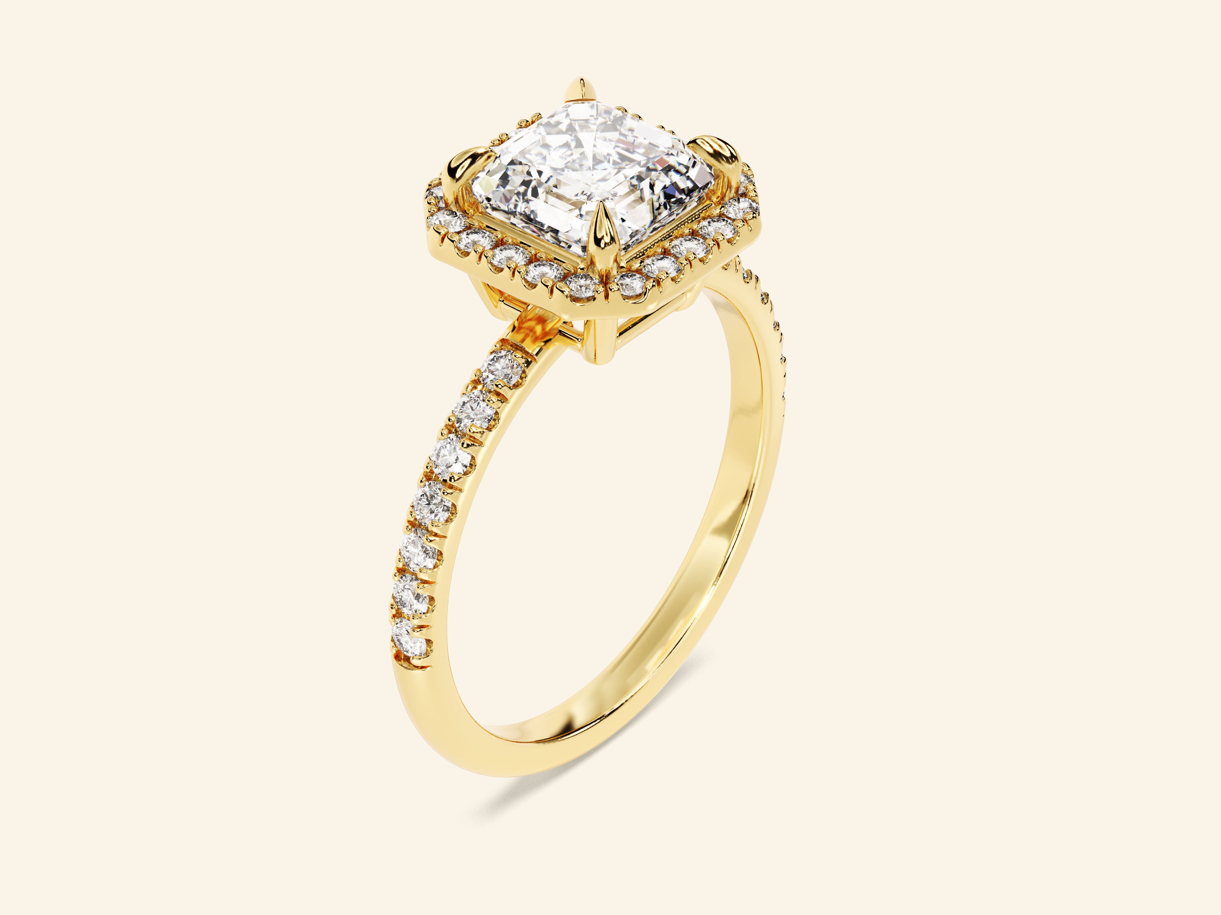 Asscher Halo Engagement Ring with Pave Set Side Stones