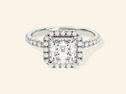 Asscher Halo Engagement Ring with Pave Set Side Stones