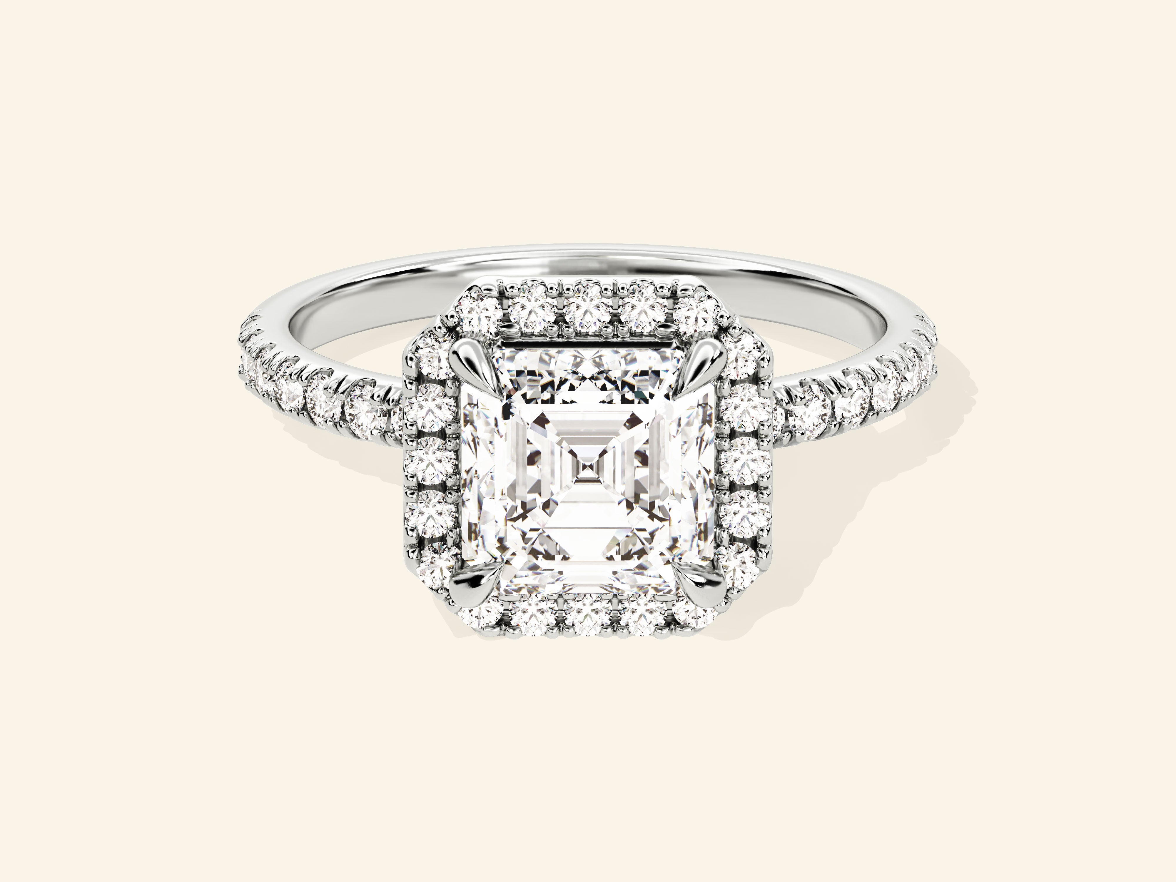 Asscher Halo Engagement Ring with Pave Set Side Stones
