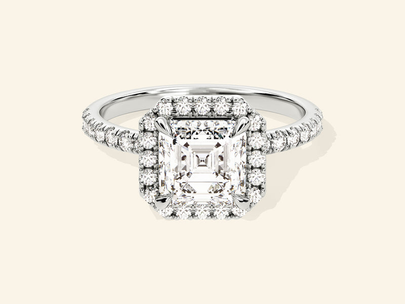 Asscher Halo Engagement Ring with Pave Set Side Stones
