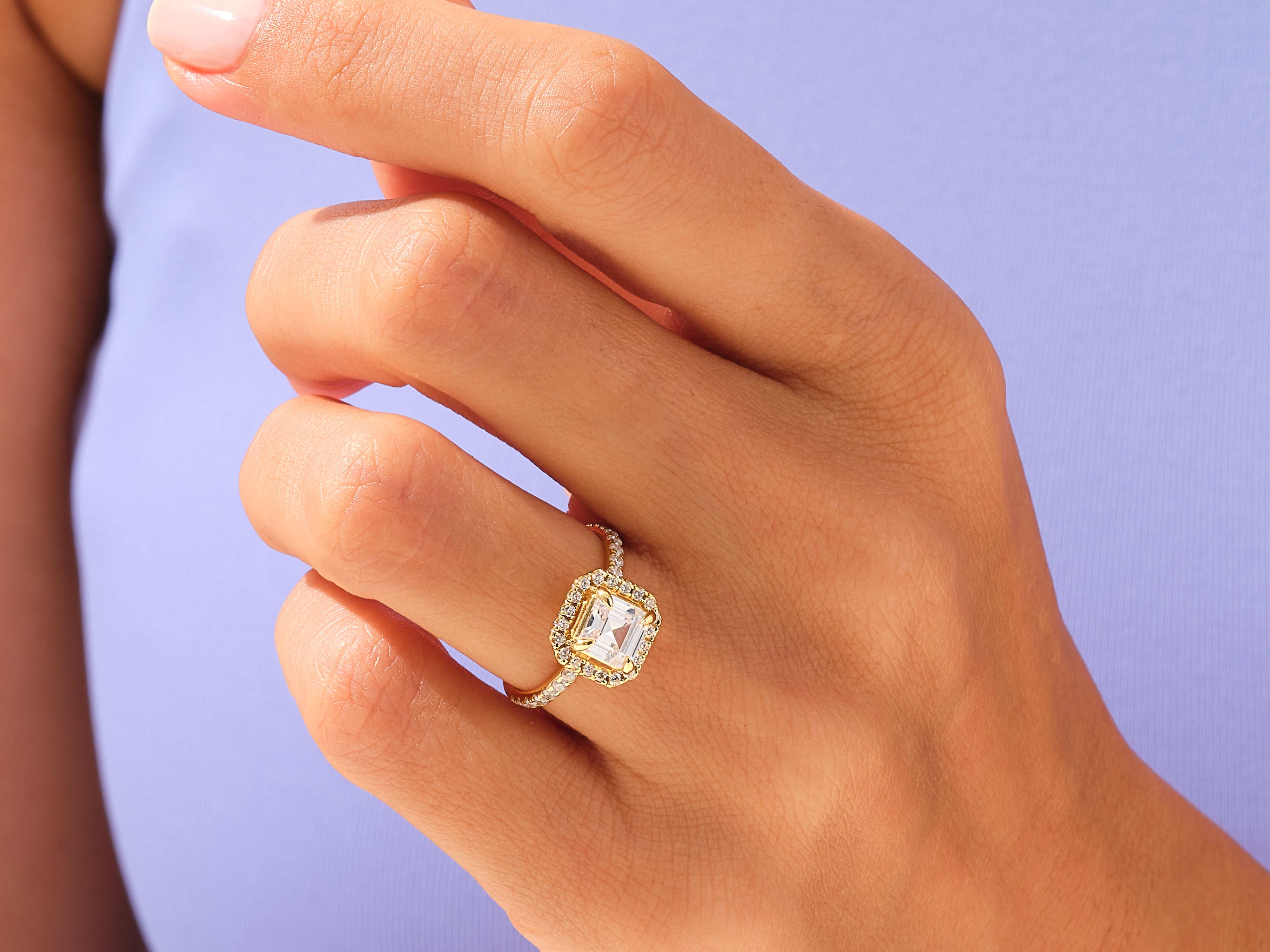 Asscher Halo Engagement Ring with Pave Set Side Stones