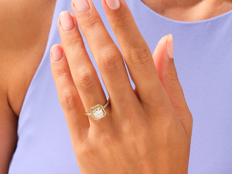 Asscher Halo Engagement Ring with Pave Set Side Stones