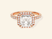Asscher Halo Engagement Ring with Pave Set Side Stones