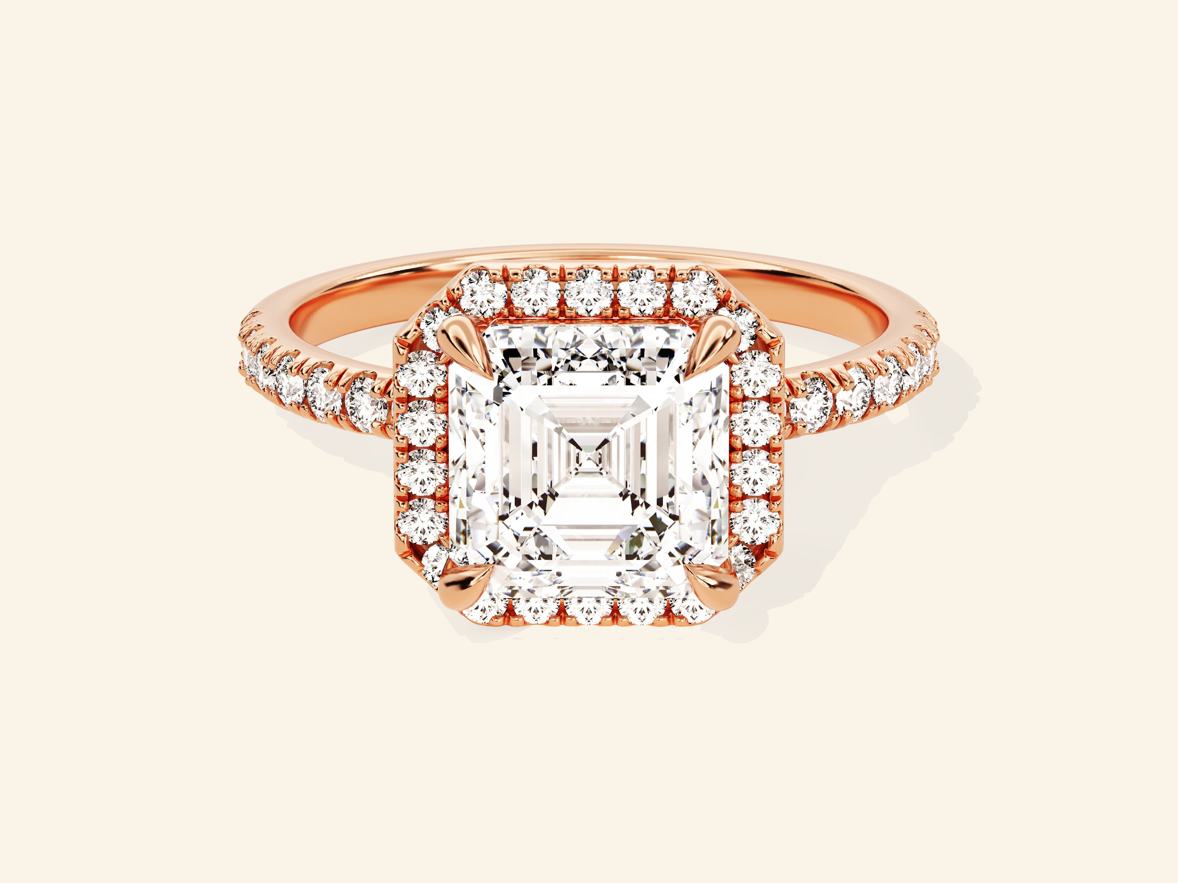 Asscher Halo Engagement Ring with Pave Set Side Stones