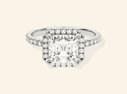 Asscher Halo Engagement Ring with Pave Set Side Stones