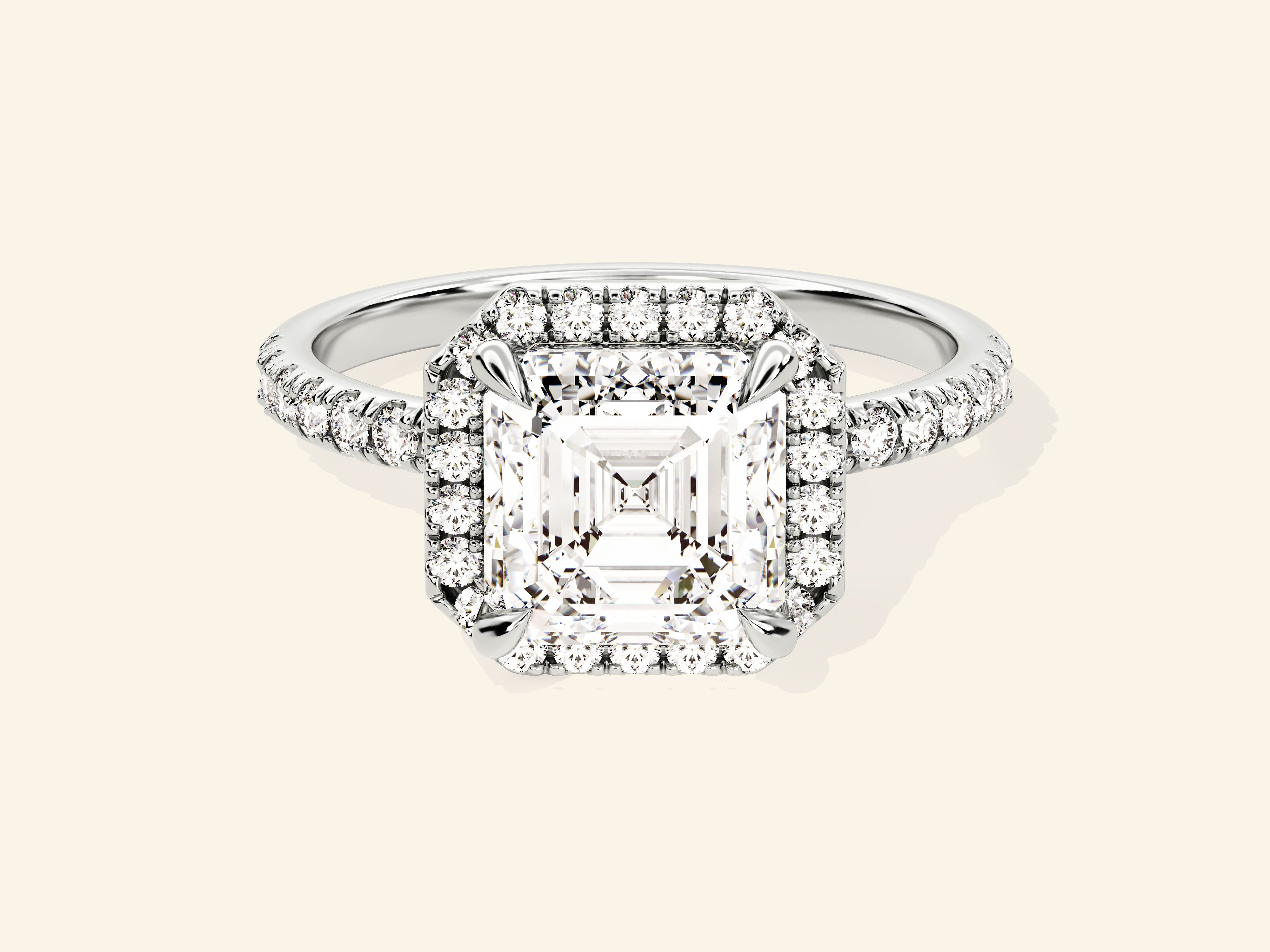 Asscher Halo Engagement Ring with Pave Set Side Stones