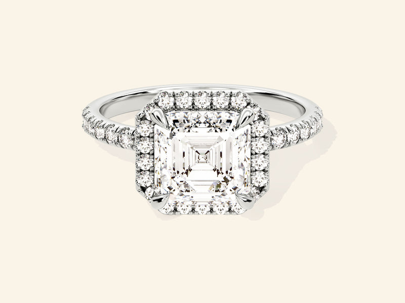 Asscher Halo Engagement Ring with Pave Set Side Stones