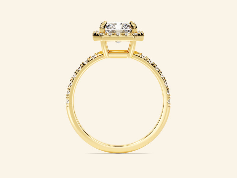 Radiant Halo Engagement Ring with Pave Set Side Stones