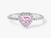 Pink heart diamond halo ring with pave band