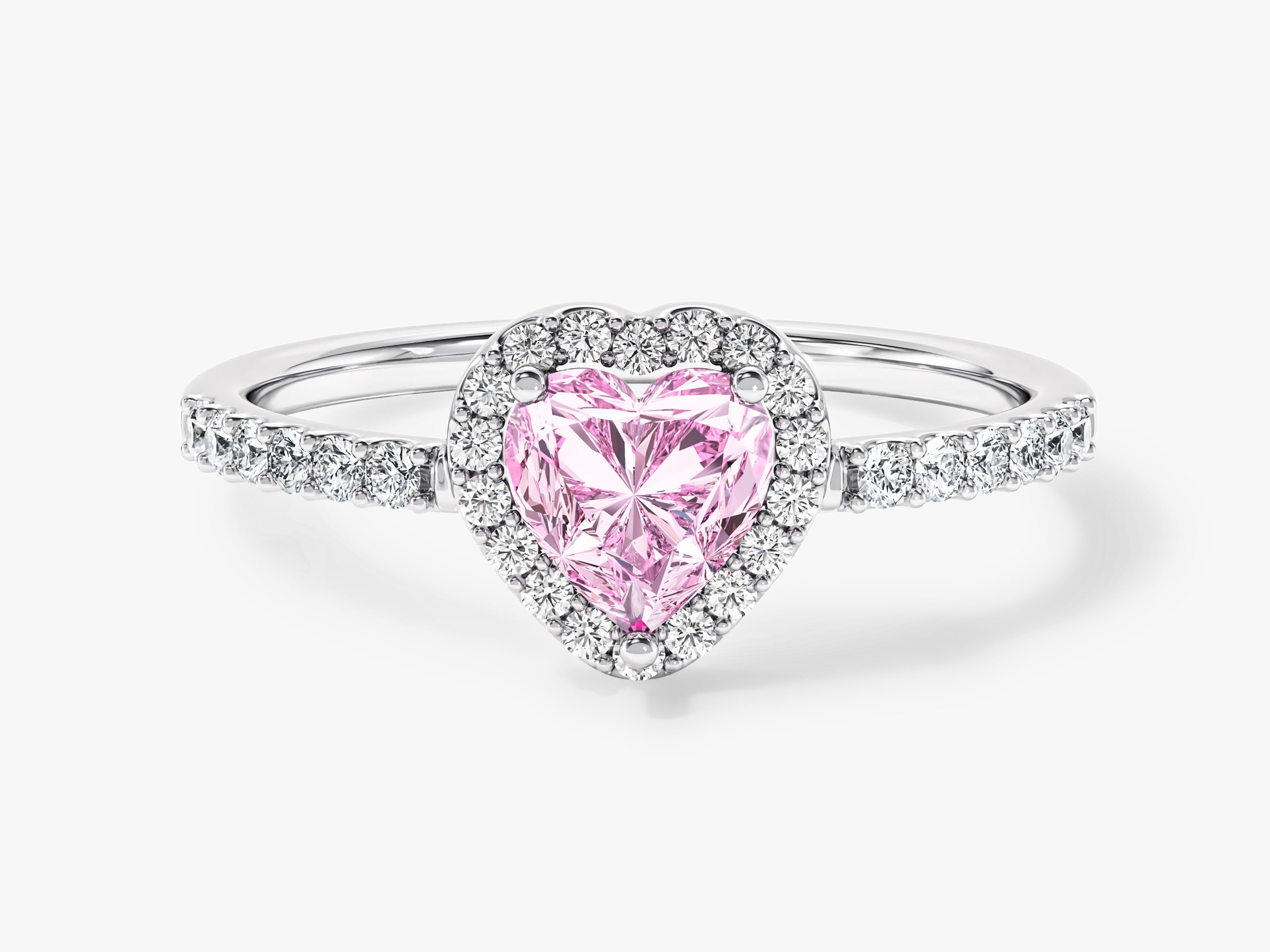 Pink heart diamond halo ring with pave band