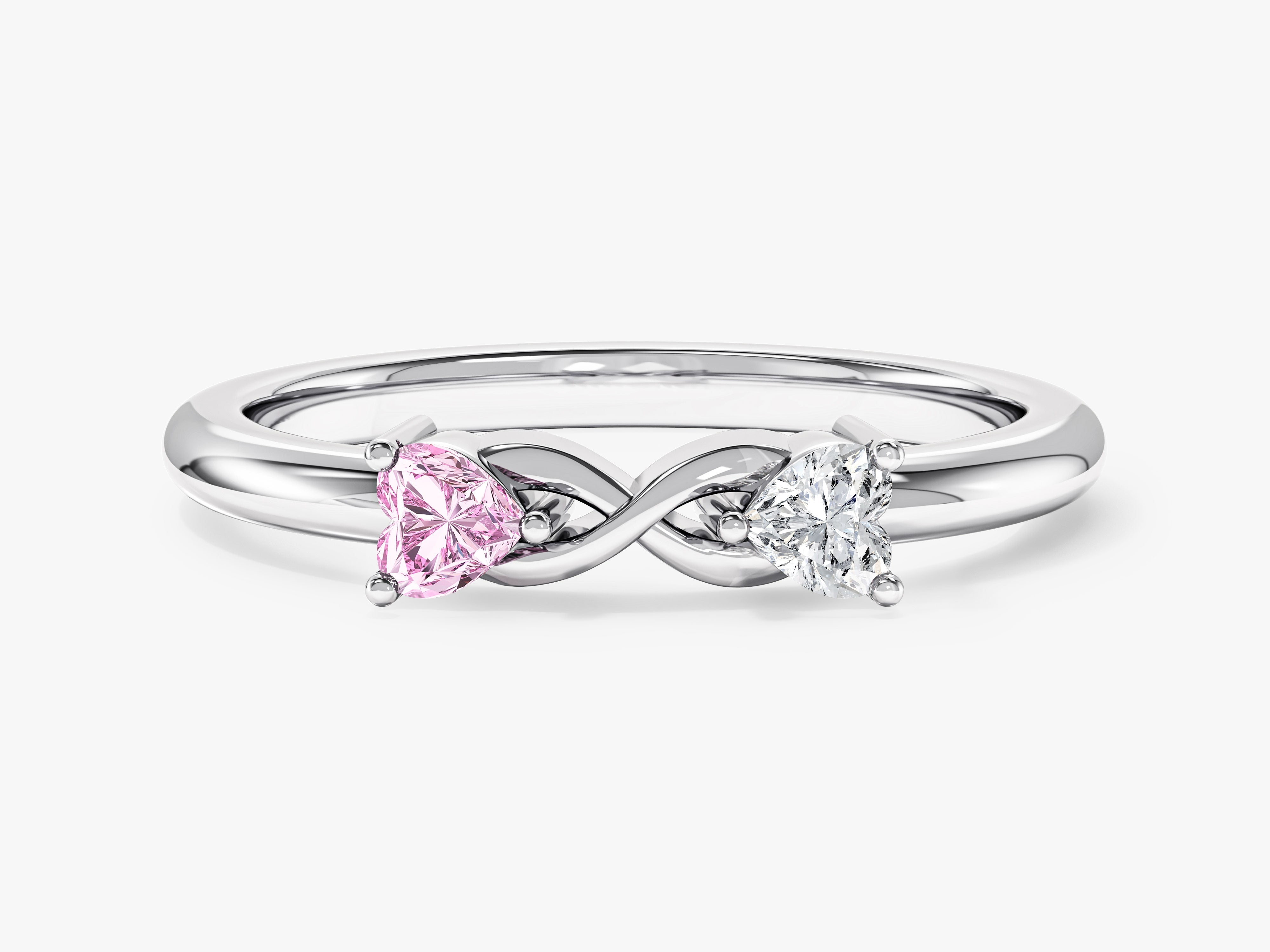 Infinity ring with pink and white heart diamonds, fine jewelry