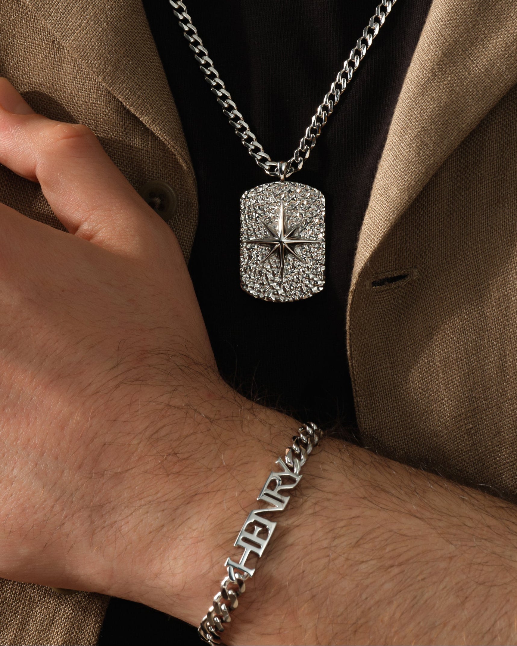 Men's silver compass pendant necklace and bracelet jewelry