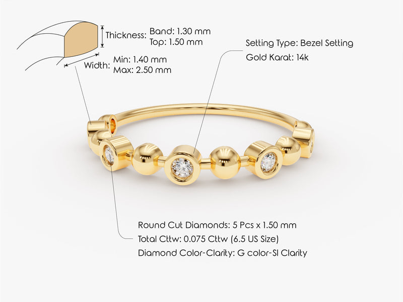 Yellow, White, Rose, 14k Gold, 18k Gold, Bezel and Ball Diamond Ring with Size Information