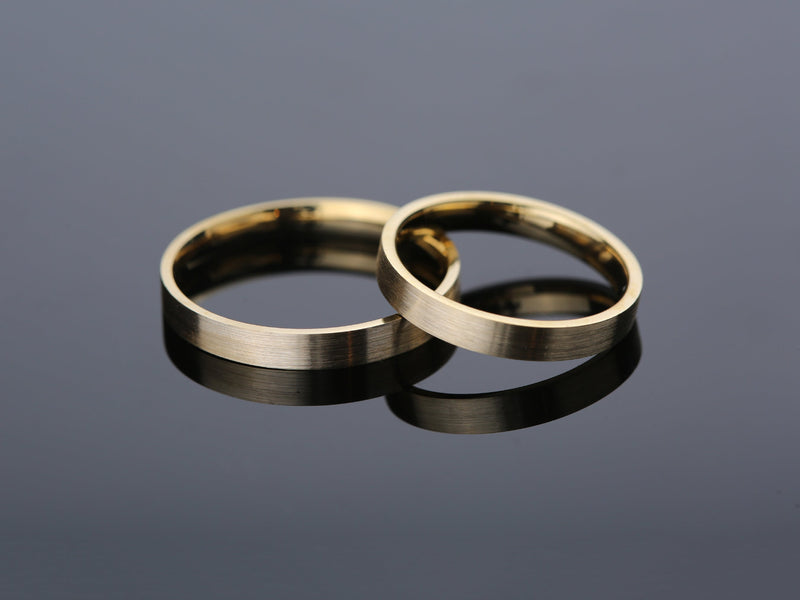 10k Gold, 14k Gold, 18k Gold, Yellow, White, Rose, a couple of 14k Yellow Gold 3mm classic flat wedding bands matte - brushed 